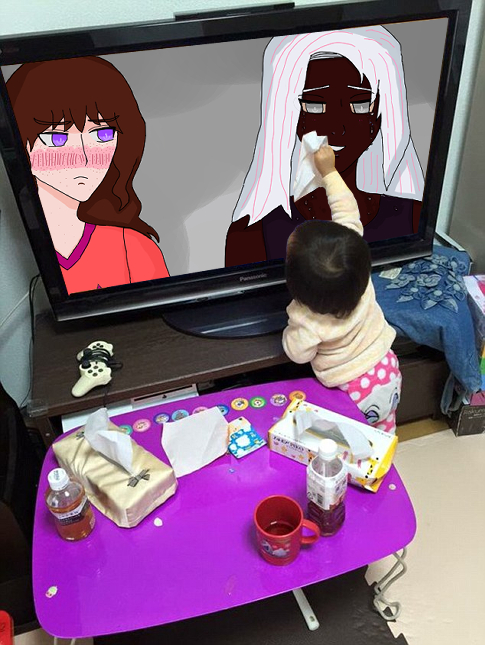 the little japanese baby who wipes away tears on the television meme where she's by a neon purple kid's table with two tissue boxes, a water bottle-shaped tea bottles, and a red cartoon mug. except she is wiping away my oc raj from blue horizon's tears. william and raj description: The silver-eyed Raj Rivera is crying while glowing violet-eyed William is trying to comfort him, holding onto his arm while blushing heavily. William has long brown hair that's a little wavy, pale skin, and freckles. He wears an orange shirt with fuchsia v-neck lining and a fuchsia four-pointed star/sparkle on the chest. Raj has silver-white anime hair color and dark brown skin. The tears are noticeable on his face, even though he's smiling, and it spills over onto his black undershirt.